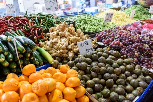 A vegetable stall in Queen Victoria Market, Melbourne - Australian Stock Image