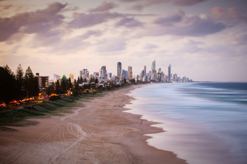 A view of Broadbeach and Surfers Paradise at dusk from Mick Schamburg Park Lookout in Miami - Australian Stock Image