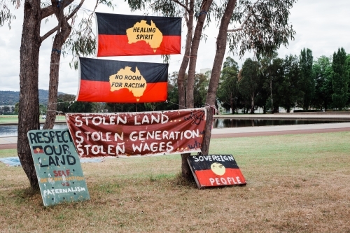Aboriginal flags with rights signs in trees - Australian Stock Image