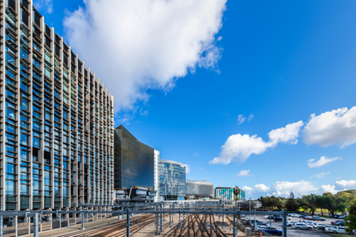 Adelaide science education and medical precinct skyline viewed from the Montefiore bridge - Australian Stock Image