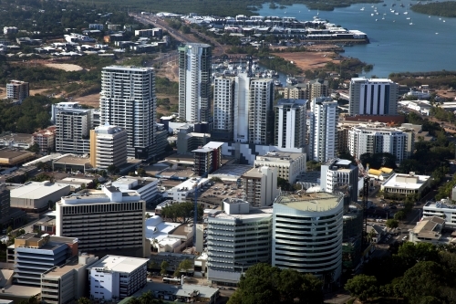 Aerial image of city skyline with surrounding water - Australian Stock Image