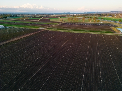 Aerial image of the rich brown earth in the agricultural area of Gatton, Queensland - Australian Stock Image