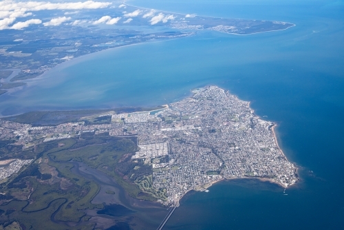 Aerial image of the Scarborough, Redcliffe & Woody Point. Bribie Island in the background. - Australian Stock Image