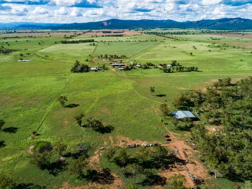 Aerial photo of green farm paddock on Aussie farm - Australian Stock Image