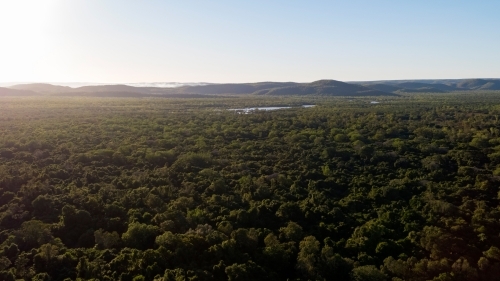 aerial shot of an afternoon view of a forest and mountains - Australian Stock Image