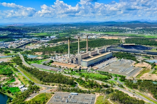 Aerial shot of coal fired power station in Gladstone, Queensland - Australian Stock Image