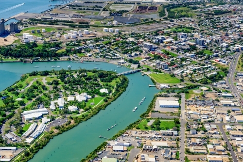 Aerial shot of Gladstone University and Auckland Creek, Queensland - Australian Stock Image