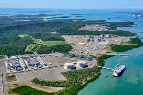 Aerial shot of liquified natural gas plants on Curtis Island, Queensland - Australian Stock Image