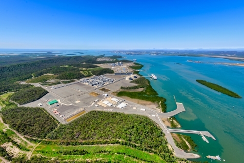 Aerial shot of Liquified natural gas plants on Curtis Island, Queensland - Australian Stock Image