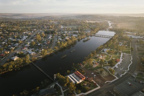 Aerial sunrise over Avon River and town of Northam in Western Australia - Australian Stock Image