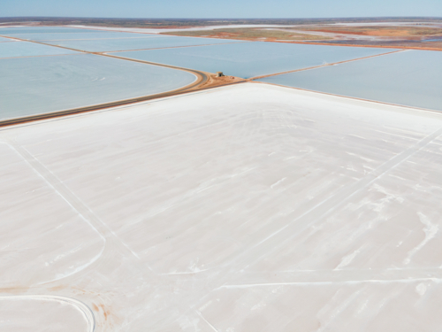 Aerial view image of blue and white Salt pans in Onslow WA - Australian Stock Image