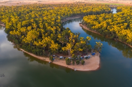 Aerial view of a bend on the Murray River early in the morning - Australian Stock Image