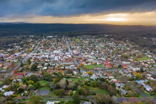 Aerial view of a brooding sunset over a rural town - Australian Stock Image