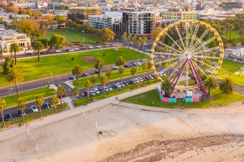 Aerial view of a ferris wheel on a beach reserve - Australian Stock Image