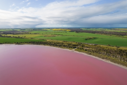 Aerial view of a natural phenomenon of a pink lake. - Australian Stock Image