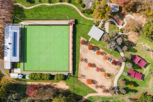 Aerial view of a park with walking tracks and a bowling green - Australian Stock Image