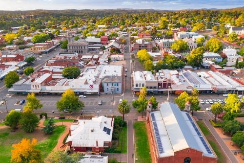 Aerial view of a regional town with historic buildings - Australian Stock Image