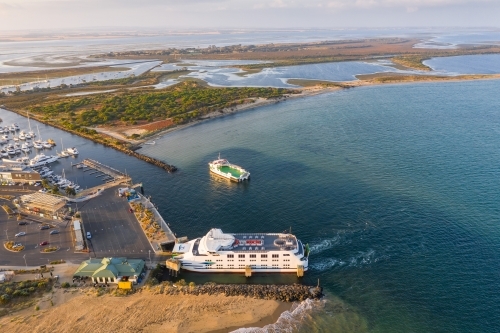 Aerial view of a sea ferry boat at a departure terminal - Australian Stock Image