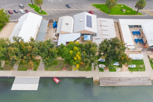 Aerial view of a yacht club on the shores of a lake - Australian Stock Image