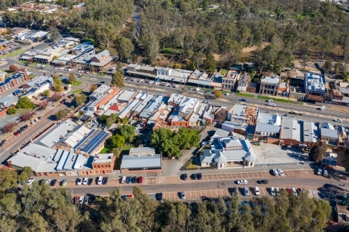 Aerial view of an historical precinct along the banks of a river - Australian Stock Image