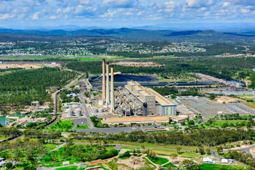 Aerial view of coal fired power station in Gladstone, Queensland - Australian Stock Image