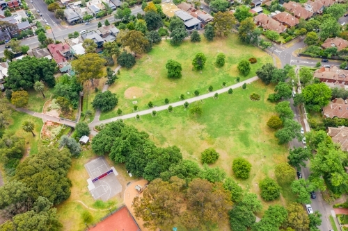 Aerial view of green suburban parkland - Australian Stock Image