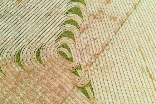 Aerial view of harvesting patterns in an empty paddock - Australian Stock Image