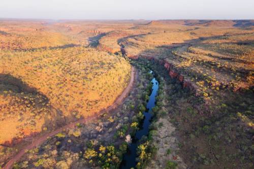 Aerial view of Jasper Gorge and Buchanan Highway in remote Northern Territory - Australian Stock Image