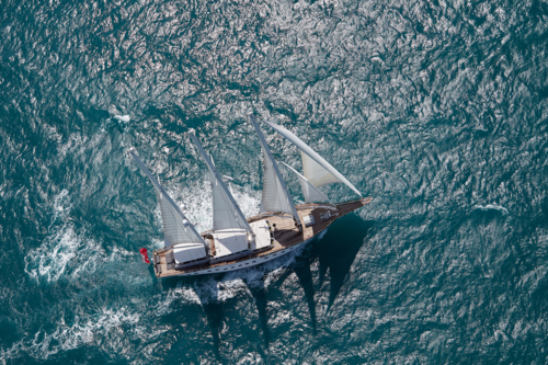 Aerial view of large sailing yacht. - Australian Stock Image