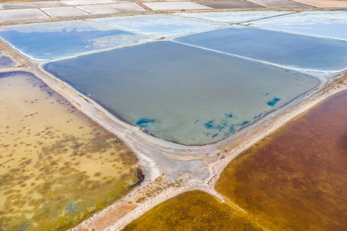 Aerial view of multi-colored salt pans at a commercial saltworks - Australian Stock Image