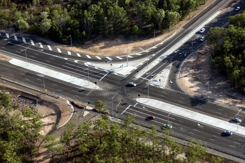 Aerial view of new roads surrounded by bushland - Australian Stock Image