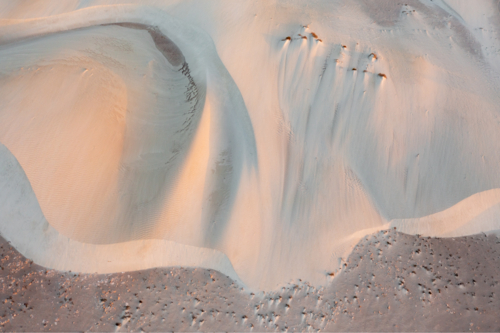 Aerial view of patterns and drift deatils of white sand dunes - Australian Stock Image