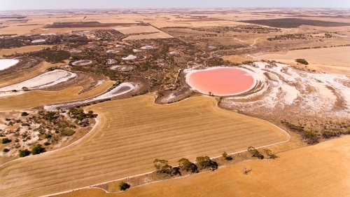 Aerial view of pink salt lake in summer - Australian Stock Image