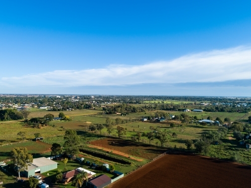 Aerial view of small country farms and paddocks on the outskirts of Narromine in NSW Australia - Australian Stock Image