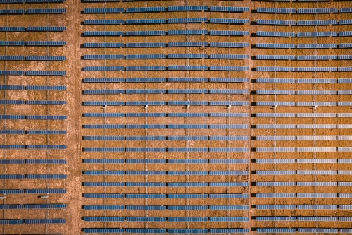 Aerial view of solar farm panels for renewable energy. - Australian Stock Image