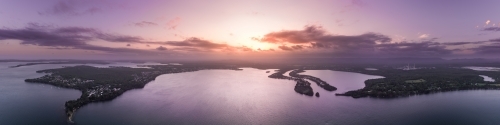 Aerial view of sunset over Dora Creek and Eraring on Lake Macquarie on the NSW Central Coast - Australian Stock Image
