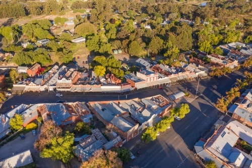 Aerial view of the main street of a country town with historic buildings - Australian Stock Image