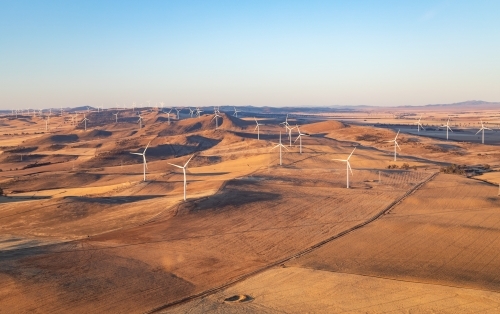 aerial view of windfarm in summer landscape - Australian Stock Image