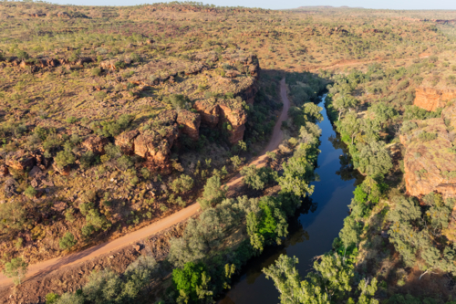 Aerial view over Jasper Gorge and Buchanan Highway, remote NT - Australian Stock Image