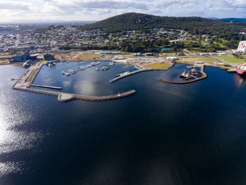 aerial view over marina towards Mount Clarence and Albany town - Australian Stock Image