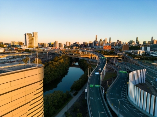 Aerial views of the Inner City Bypass and city of Brisbane - Australian Stock Image