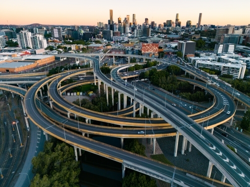 Aerial views of the Inner City Bypass and city of Brisbane - Australian Stock Image