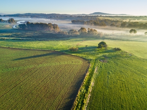 An aerial view of fog over a river running through newly planted green crops