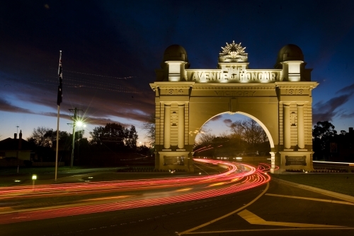 Arch of Victory and Avenue of Honor with tail light trail - Australian Stock Image