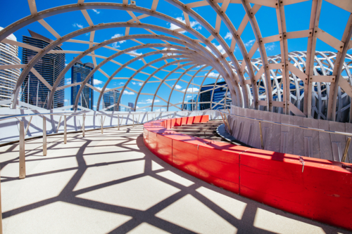 architecture of Webb Bridge on a warm spring morning in the Docklands area of Melbourne - Australian Stock Image