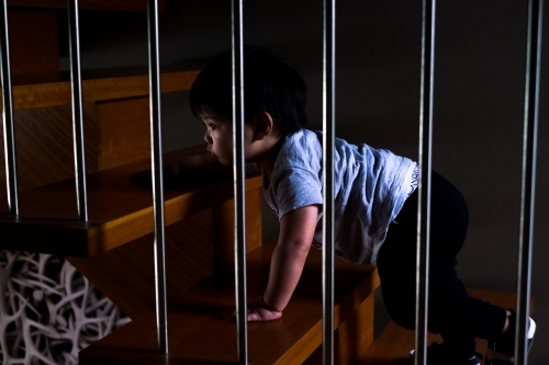 Asian toddler crawling up the stairs - Australian Stock Image