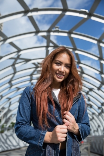 Asian Woman Webb Bridge - Australian Stock Image