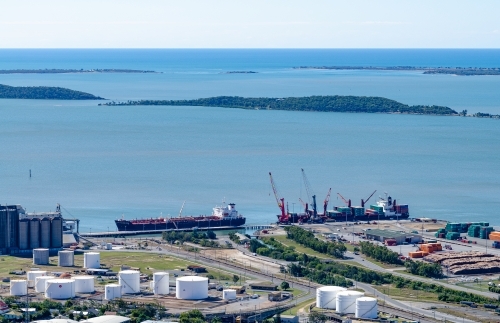 Auckland Point Wharf with Quoin Island in the background - Australian Stock Image