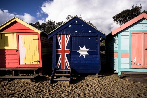 Australian Flag Beach Box Green and White Beach Box, Brighton, Melbourne, Victoria - Australian Stock Image