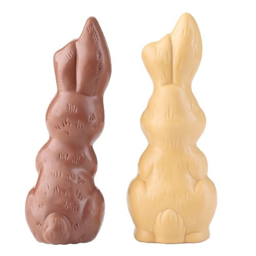 Back-facing Easter chocolate bunnies on white background - Australian Stock Image